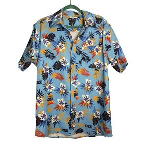 Roody CSX Train Blue Yellow Floral Hawaiian Short Sleeve Collared Shirt LARGE